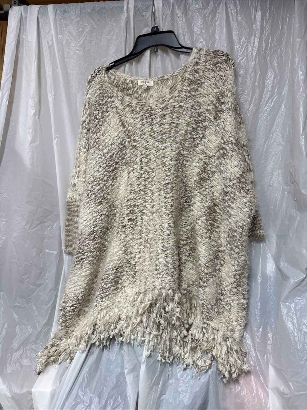 Cozy Fringe Poncho Sweater - Neutral Cream Taupe by Umgee. Size M/L